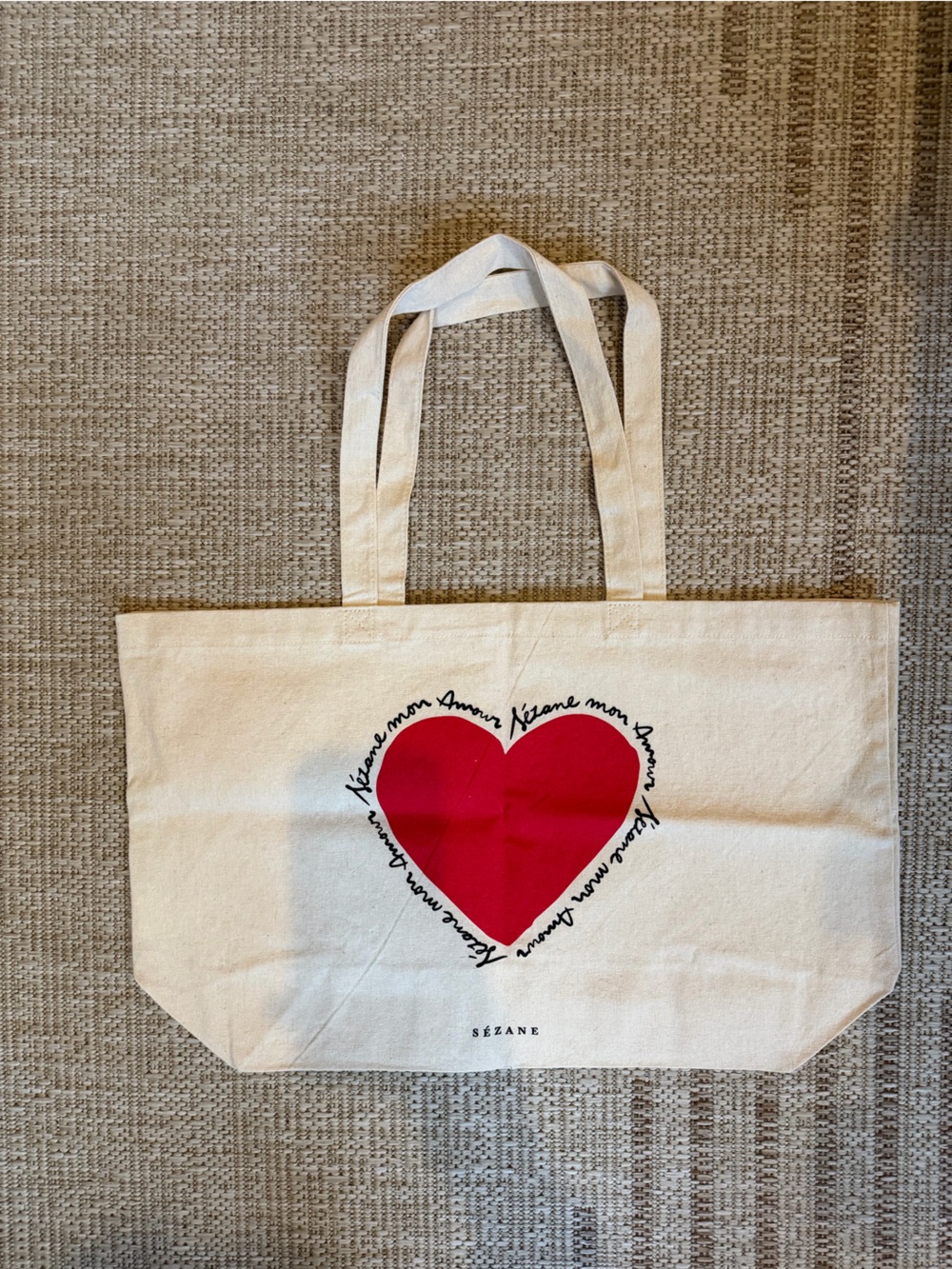 Sezane Cream Canvas Tote with Red Heart Motif